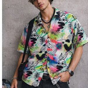 COLLUSION Graphic Button Up Shirt M Graffiti Streetwear Y2K Maximalism Statement